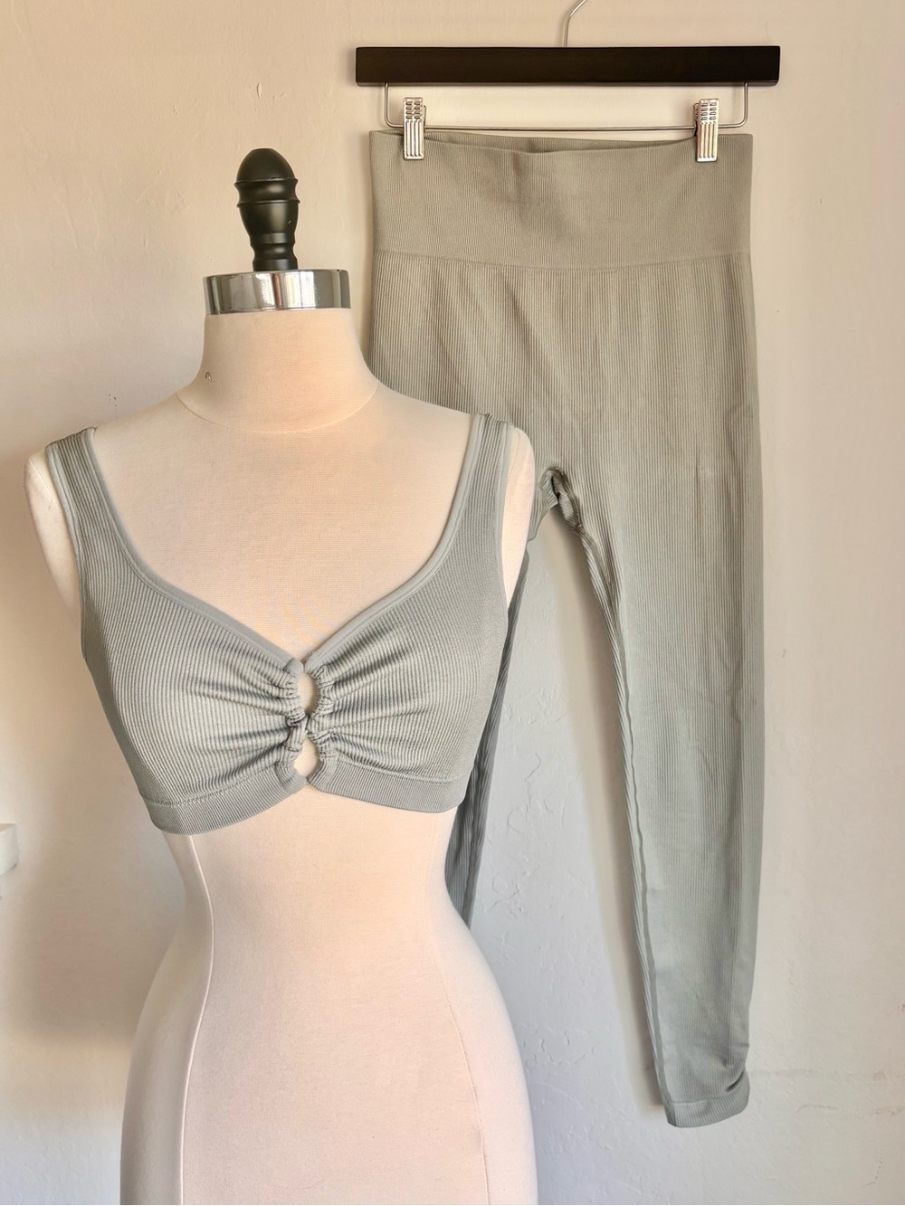 L*space Active Sage Green Ribbed Keyhole Bra Top + Leggings Set, Size M/L